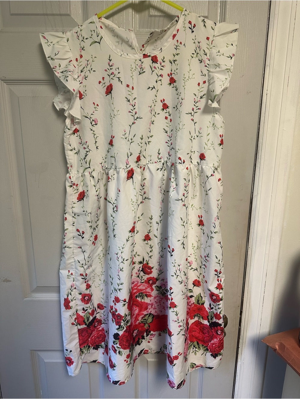 Amazon White Dress with Red Rose Print for Girls